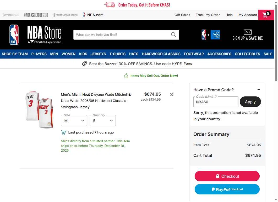 Dallas Mavericks checkout page showing Dallas Mavericks promo code box | Screenshot taken by SimplyCodes community member on Dec 18, 2025