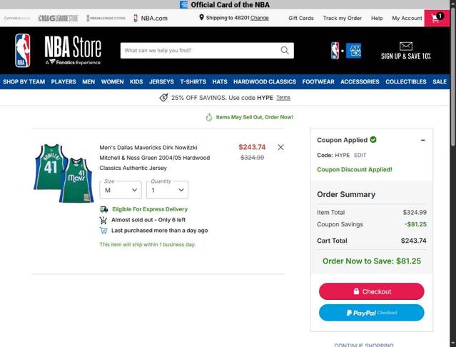 Dallas Mavericks checkout page showing Dallas Mavericks promo code box | Screenshot taken by SimplyCodes community member on Oct 2, 2025