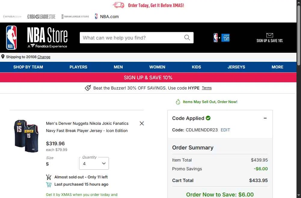 Dallas Mavericks checkout page showing Dallas Mavericks promo code box | Screenshot taken by SimplyCodes community member on Dec 18, 2025