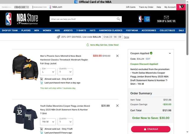Dallas Mavericks checkout page showing Dallas Mavericks promo code box | Screenshot taken by SimplyCodes community member on Sep 9, 2025