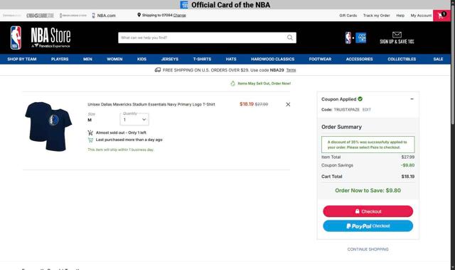 Dallas Mavericks checkout page showing Dallas Mavericks promo code box | Screenshot taken by SimplyCodes community member on Sep 26, 2025