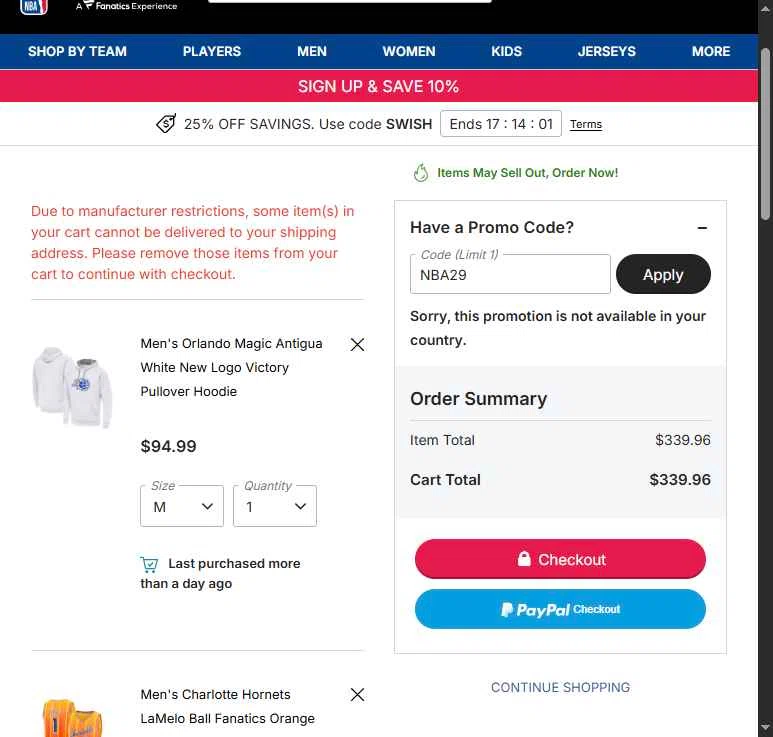 Dallas Mavericks checkout page showing Dallas Mavericks promo code box | Screenshot taken by SimplyCodes community member on Feb 22, 2026