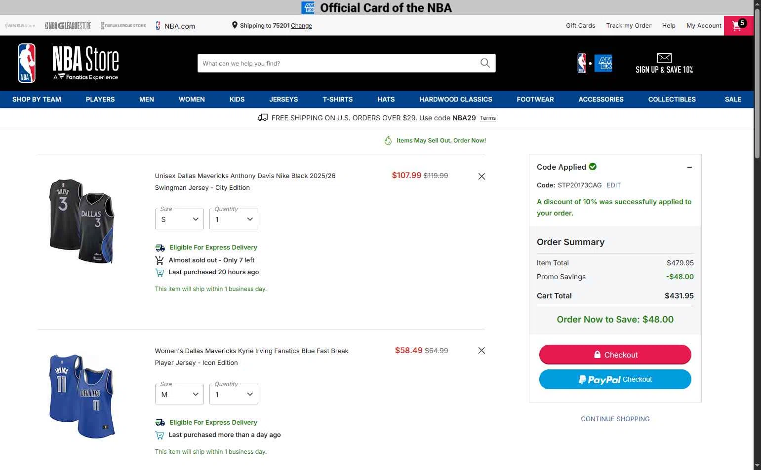 Dallas Mavericks checkout page showing Dallas Mavericks promo code box | Screenshot taken by SimplyCodes community member on Jan 21, 2026