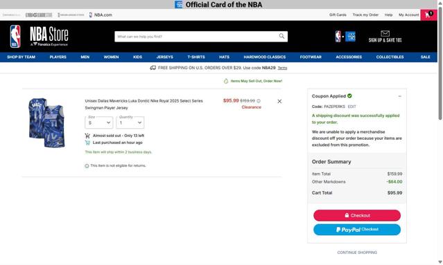 Dallas Mavericks checkout page showing Dallas Mavericks promo code box | Screenshot taken by SimplyCodes community member on Sep 4, 2025