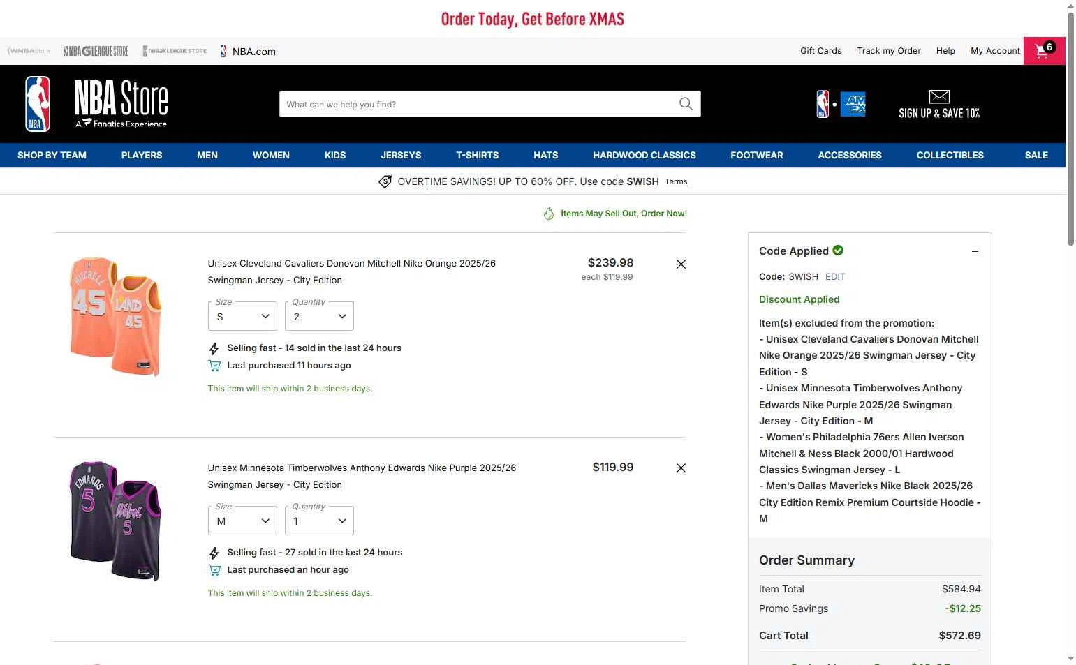 Dallas Mavericks checkout page showing Dallas Mavericks promo code box | Screenshot taken by SimplyCodes community member on Dec 5, 2025