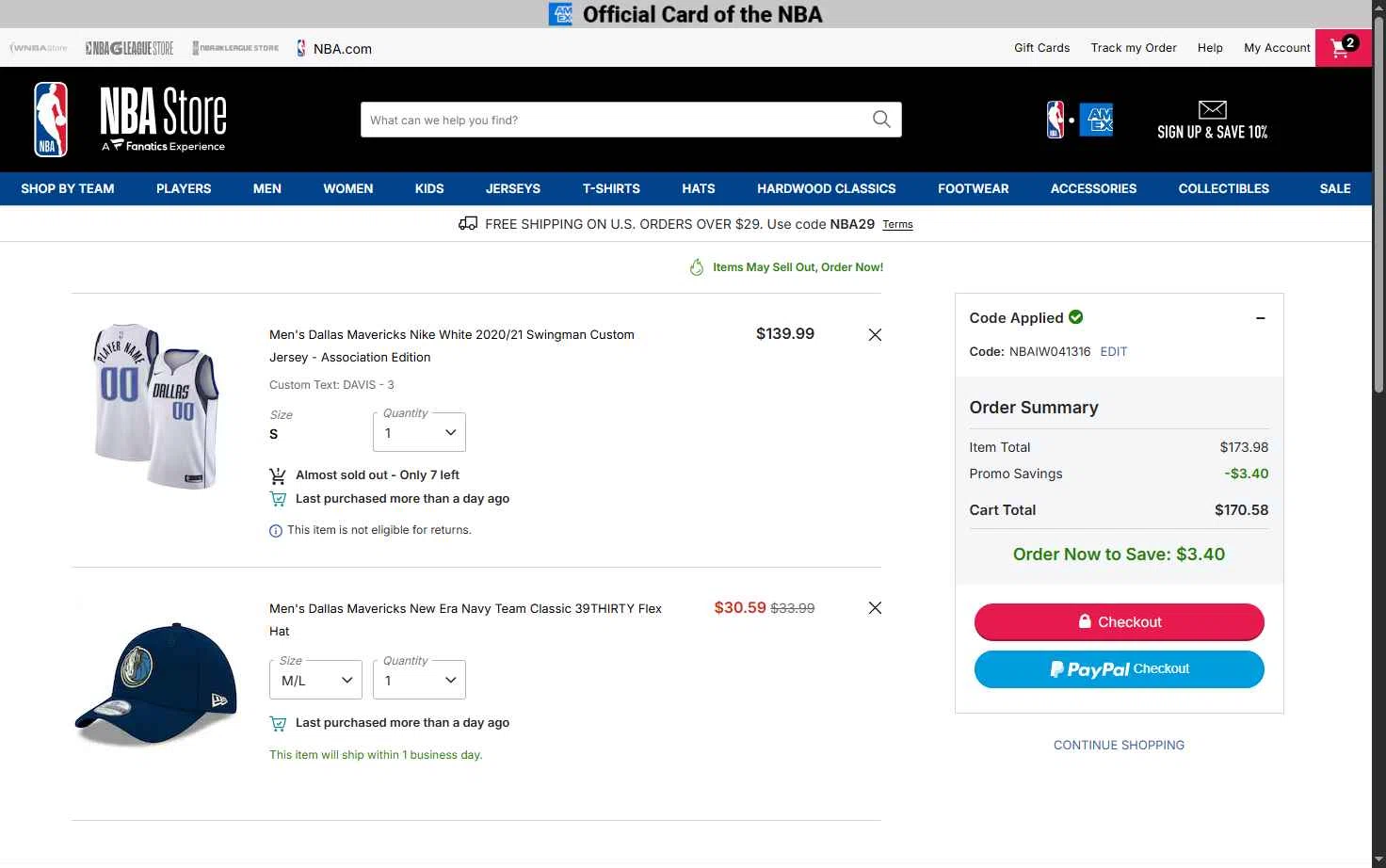 Dallas Mavericks checkout page showing Dallas Mavericks promo code box | Screenshot taken by SimplyCodes community member on Jan 10, 2026