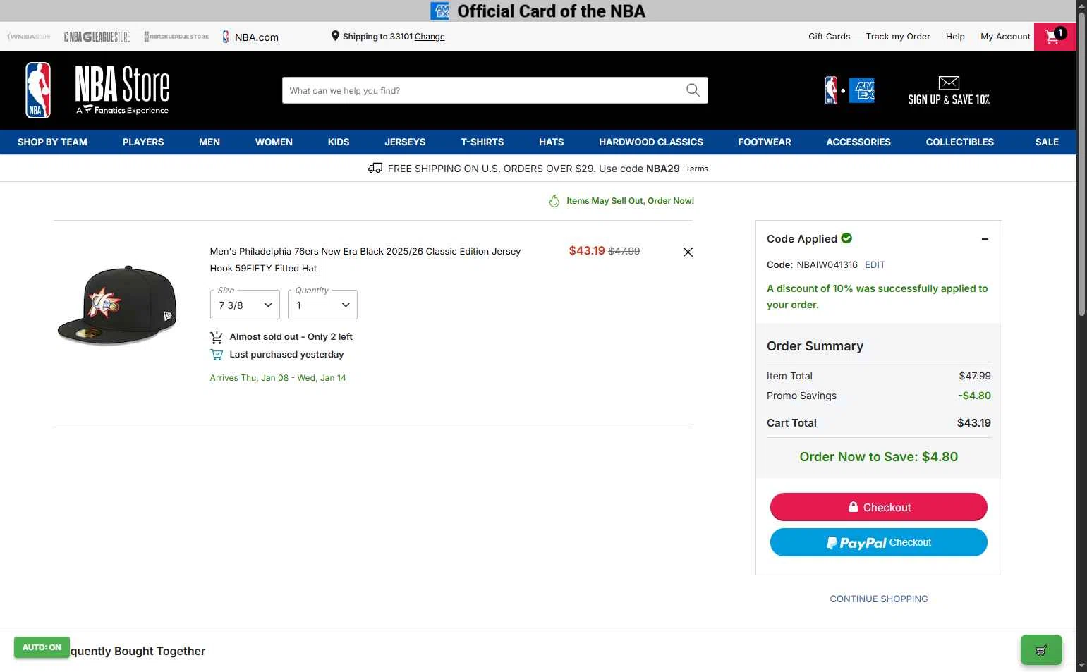 Dallas Mavericks checkout page showing Dallas Mavericks promo code box | Screenshot taken by SimplyCodes community member on Jan 5, 2026