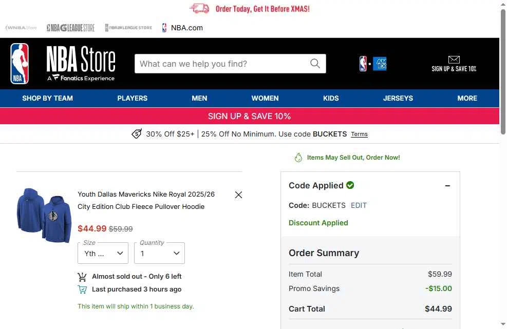 Dallas Mavericks checkout page showing Dallas Mavericks promo code box | Screenshot taken by SimplyCodes community member on Dec 9, 2025