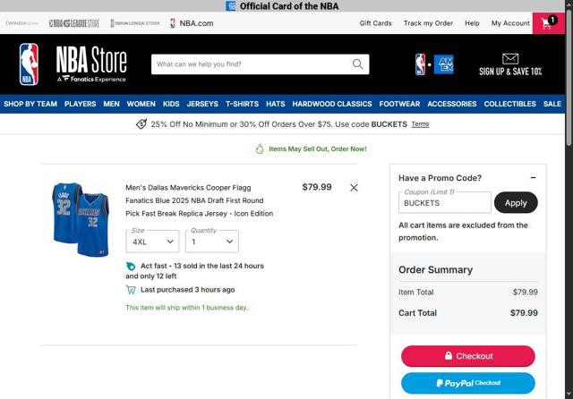 Dallas Mavericks checkout page showing Dallas Mavericks promo code box | Screenshot taken by SimplyCodes community member on Sep 30, 2025