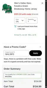 Dallas Stars Shop coupon verification screenshot