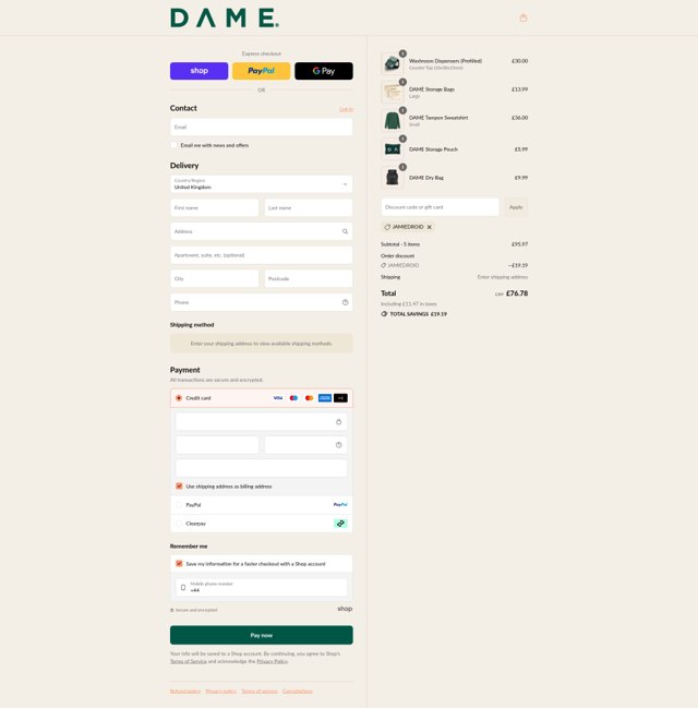 Dame checkout page showing Dame discount code box | Screenshot taken by SimplyCodes community member on Sep 3, 2025