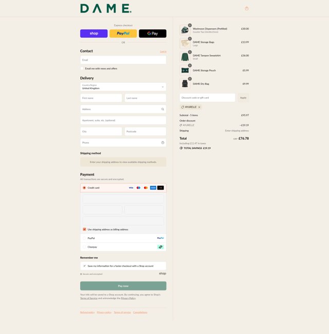 Dame checkout page showing Dame discount code box | Screenshot taken by SimplyCodes community member on Sep 3, 2025
