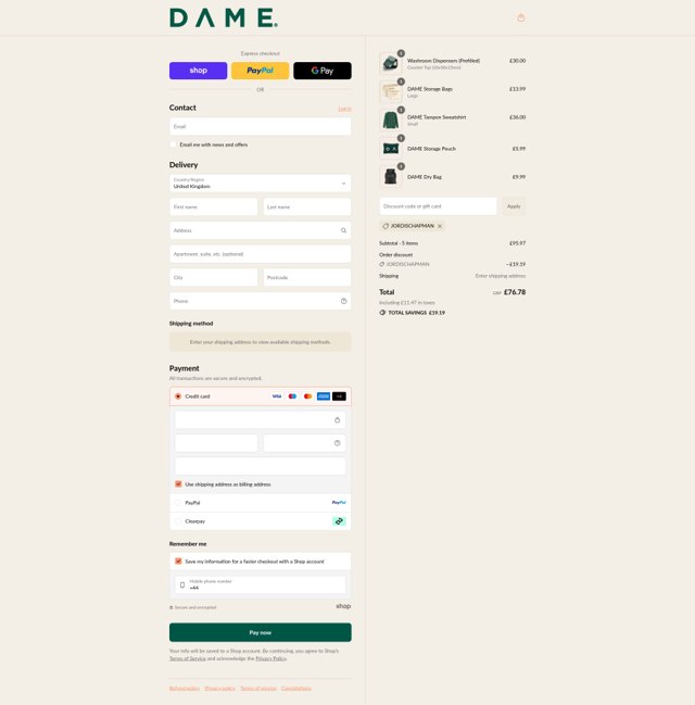 Dame checkout page showing Dame discount code box | Screenshot taken by SimplyCodes community member on Sep 3, 2025
