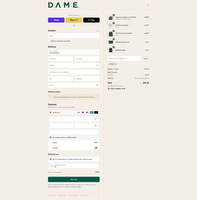 Dame checkout page showing Dame discount code box | Screenshot taken by SimplyCodes community member on Sep 3, 2025