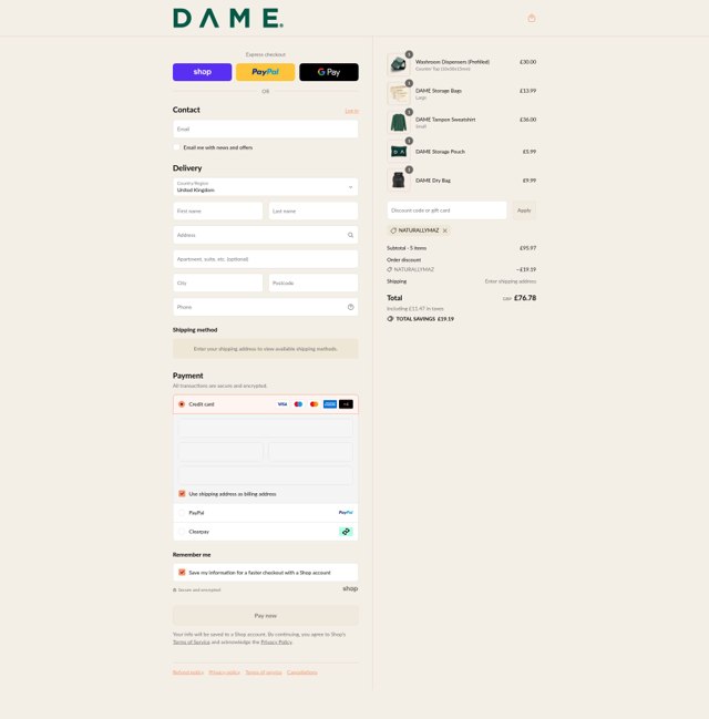 Dame checkout page showing Dame discount code box | Screenshot taken by SimplyCodes community member on Sep 3, 2025