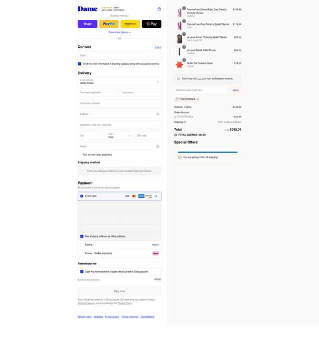 Dame Products checkout page showing Dame Products promo code box | Screenshot taken by SimplyCodes community member on Aug 31, 2025