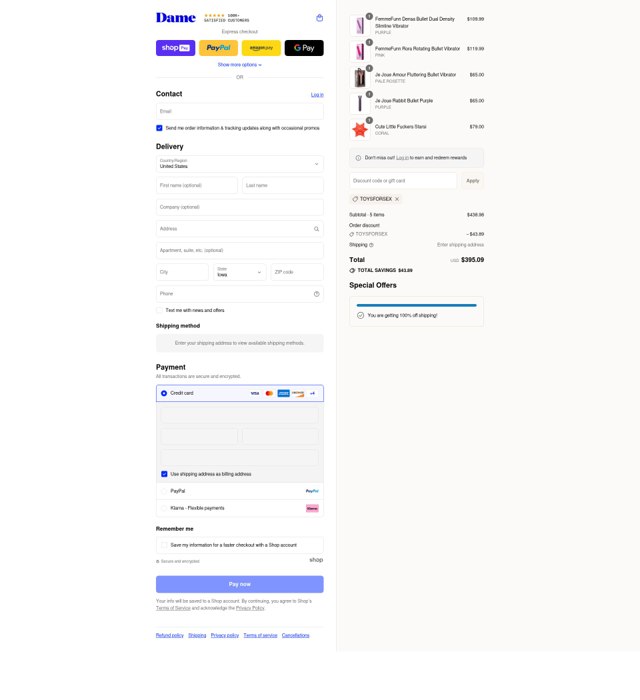 Dame Products checkout page showing Dame Products promo code box | Screenshot taken by SimplyCodes community member on Aug 27, 2025