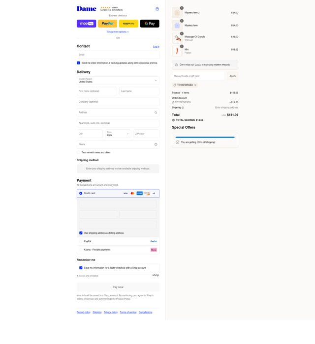 Dame Products checkout page showing Dame Products promo code box | Screenshot taken by SimplyCodes community member on Aug 17, 2025