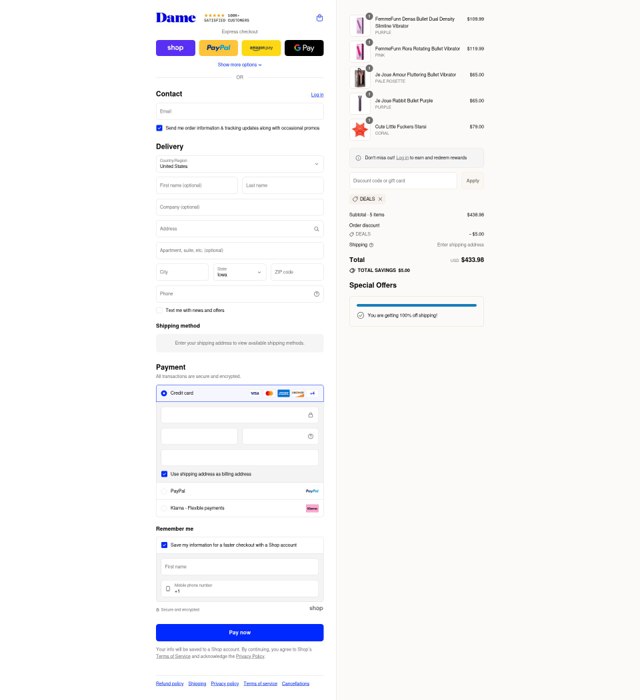 Dame Products checkout page showing Dame Products promo code box | Screenshot taken by SimplyCodes community member on Sep 4, 2025
