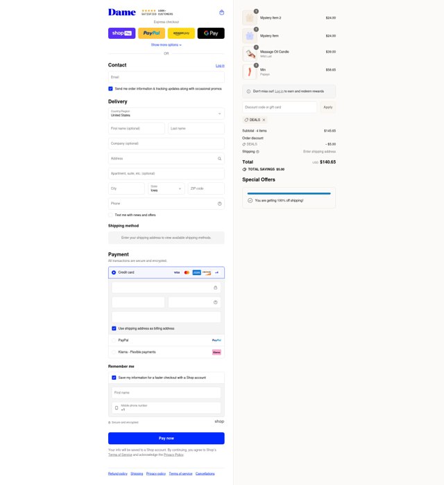 Dame Products checkout page showing Dame Products promo code box | Screenshot taken by SimplyCodes community member on Aug 17, 2025