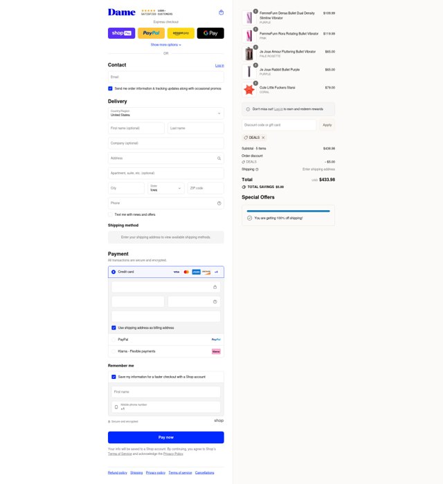 Dame Products checkout page showing Dame Products promo code box | Screenshot taken by SimplyCodes community member on Aug 22, 2025