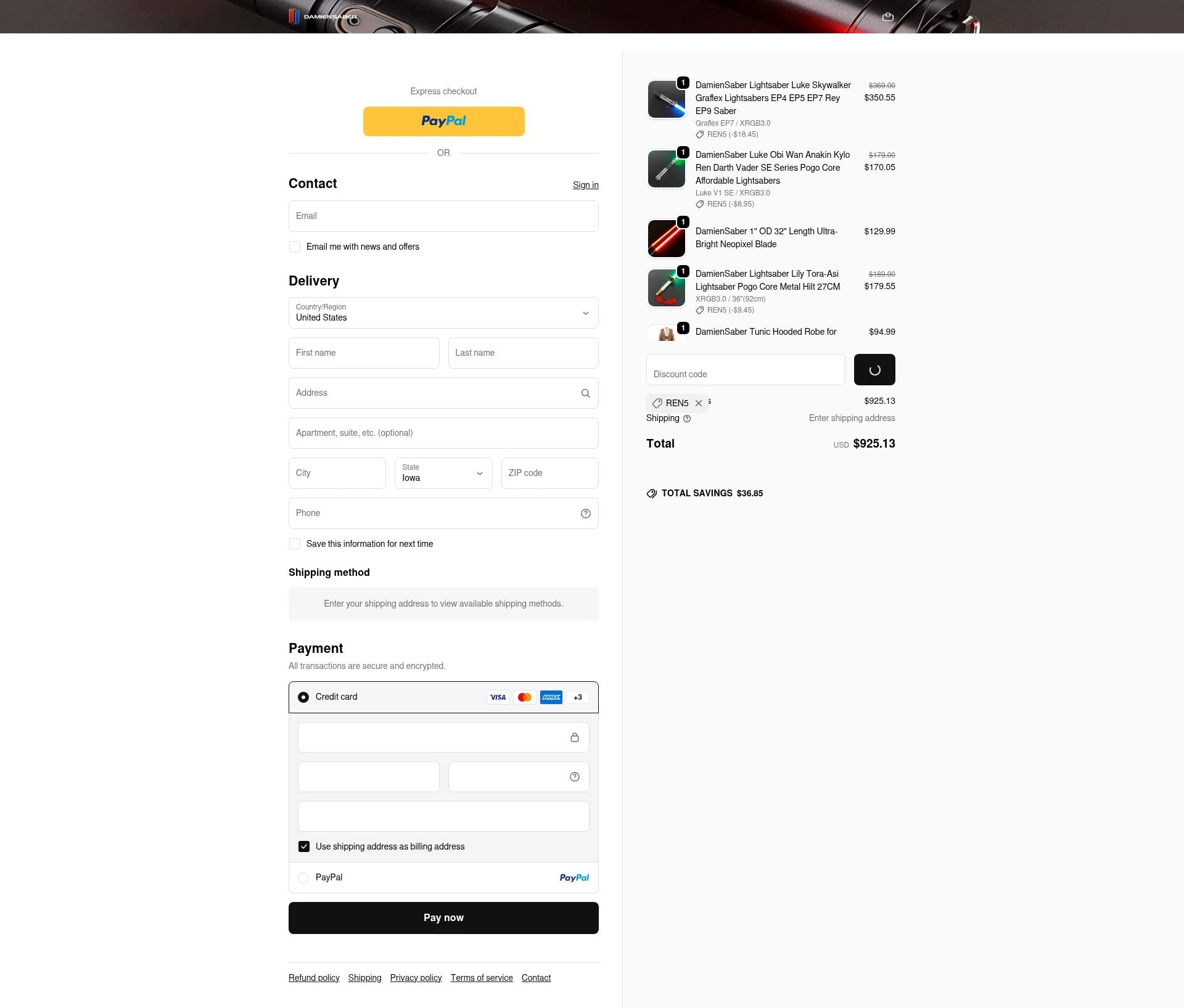 DamienSaber checkout page showing DamienSaber discount code box | Screenshot taken by SimplyCodes community member on Jan 8, 2026