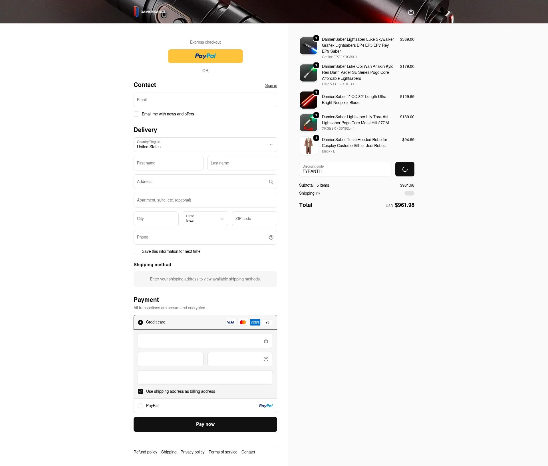 DamienSaber checkout page showing DamienSaber discount code box | Screenshot taken by SimplyCodes community member on Jan 8, 2026
