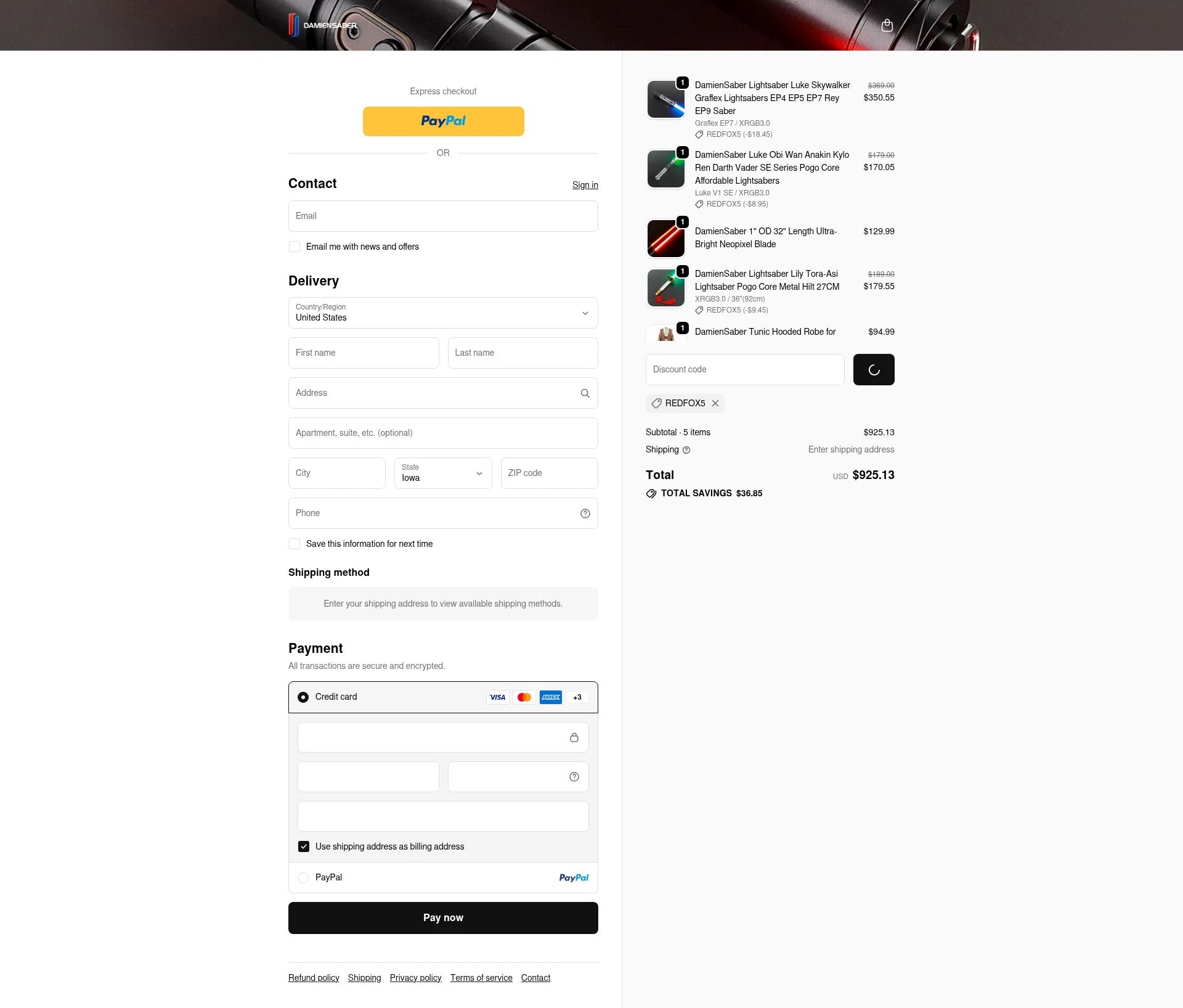 DamienSaber checkout page showing DamienSaber discount code box | Screenshot taken by SimplyCodes community member on Jan 8, 2026