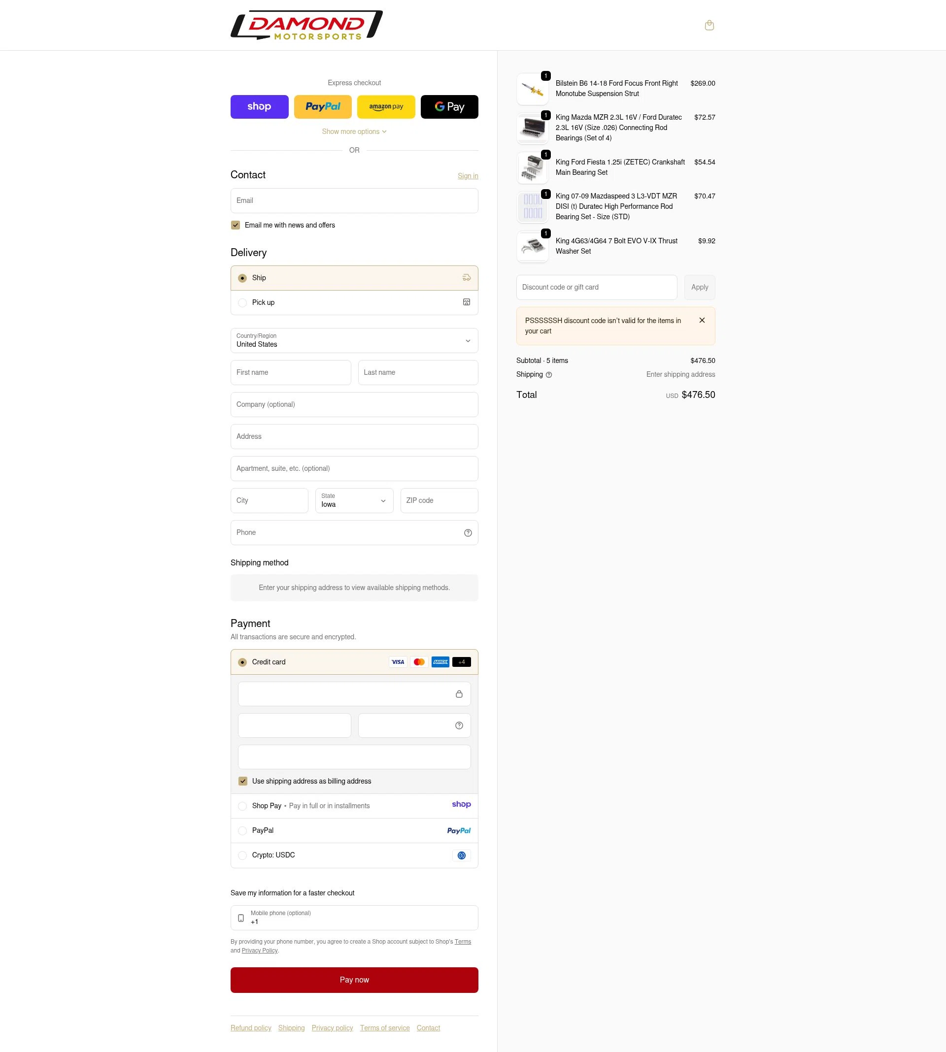 Damond Motorsports checkout page showing Damond Motorsports discount code box | Screenshot taken by SimplyCodes community member on Jan 8, 2026