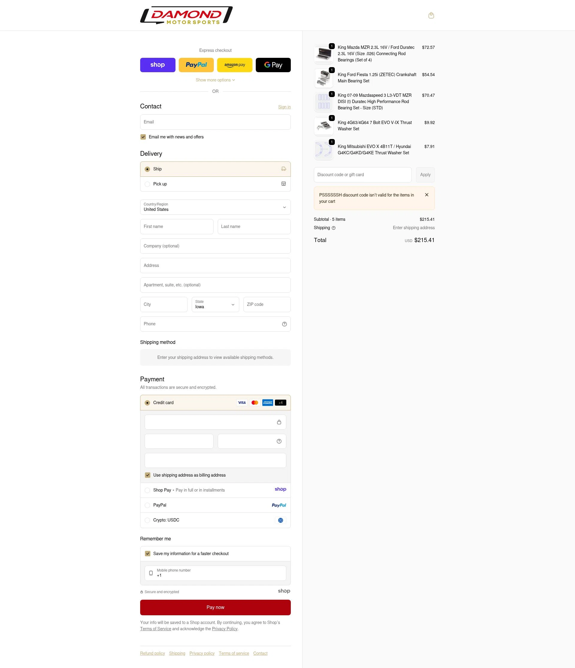 Damond Motorsports checkout page showing Damond Motorsports discount code box | Screenshot taken by SimplyCodes community member on Dec 28, 2025