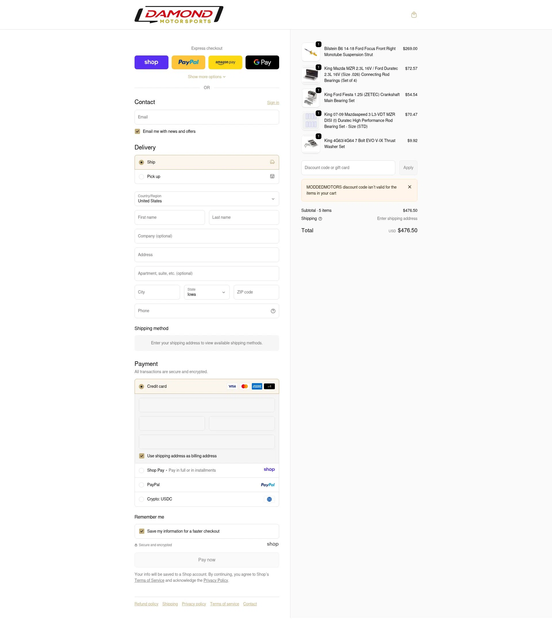 Damond Motorsports checkout page showing Damond Motorsports discount code box | Screenshot taken by SimplyCodes community member on Jan 2, 2026