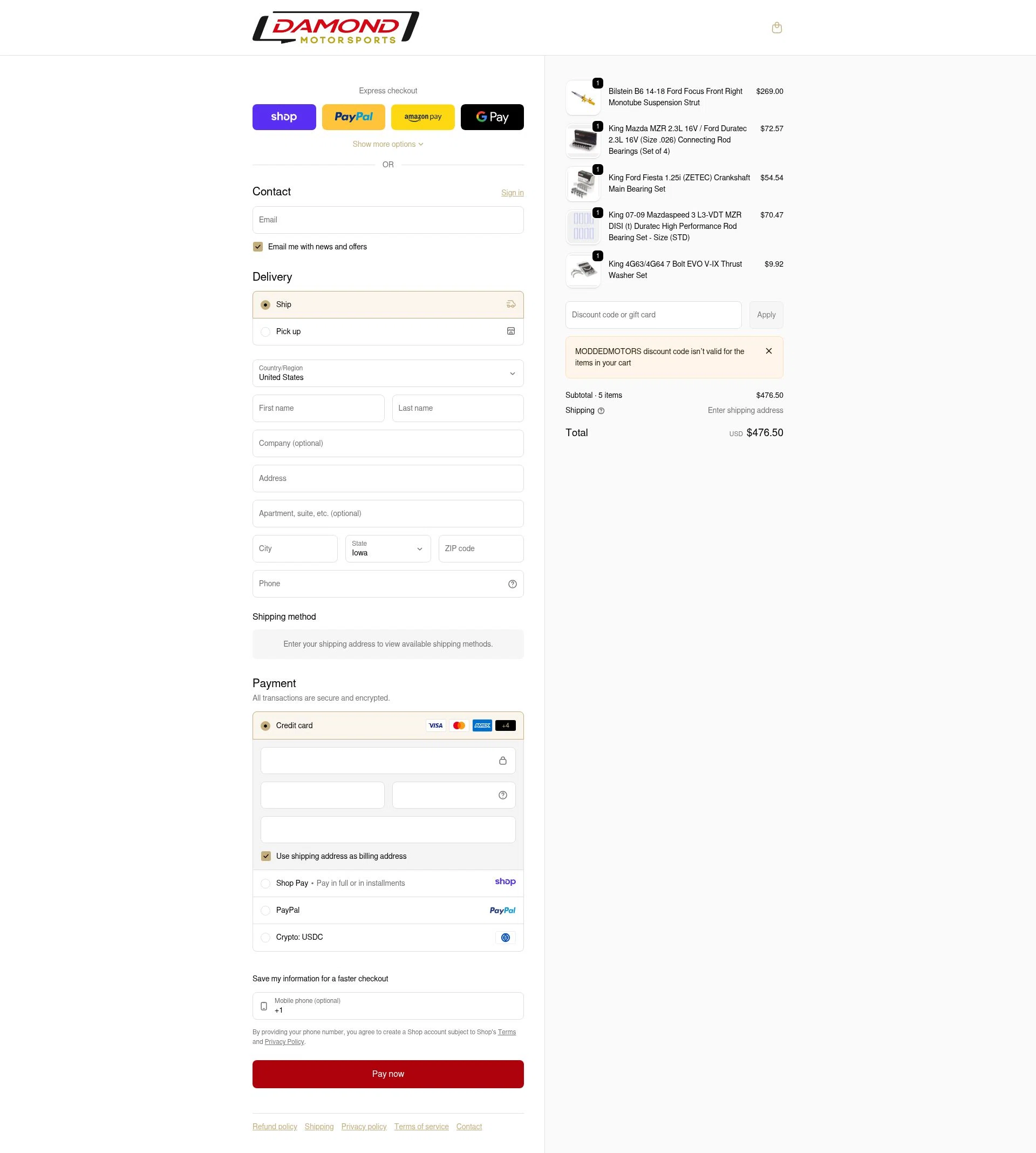 Damond Motorsports checkout page showing Damond Motorsports discount code box | Screenshot taken by SimplyCodes community member on Jan 8, 2026