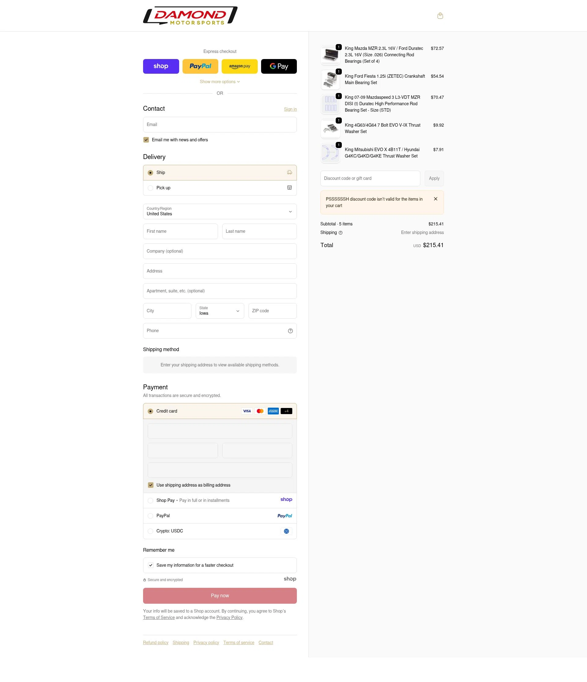Damond Motorsports checkout page showing Damond Motorsports discount code box | Screenshot taken by SimplyCodes community member on Dec 24, 2025