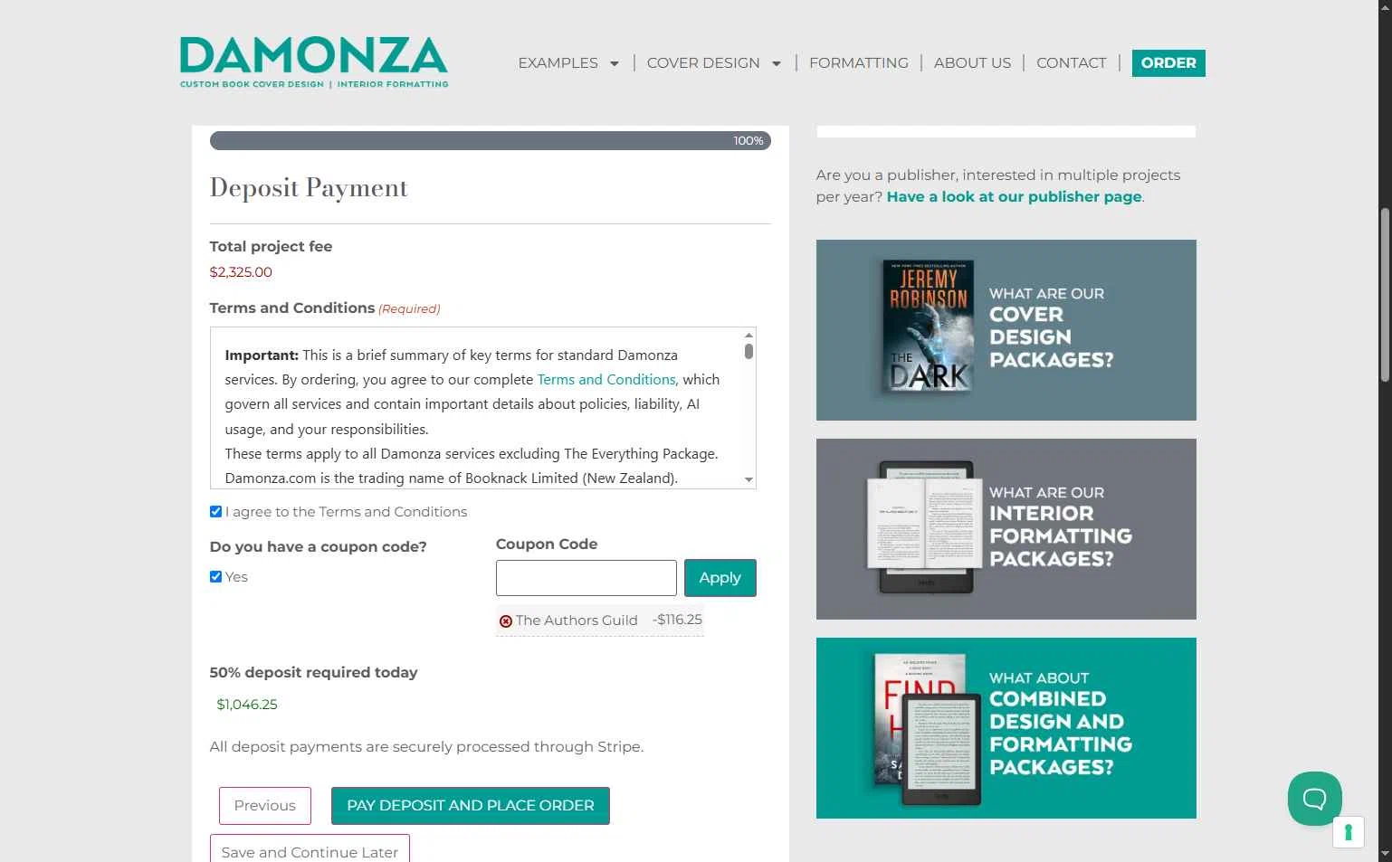 Damonza checkout page showing Damonza coupon code box | Screenshot taken by SimplyCodes community member on Nov 6, 2025