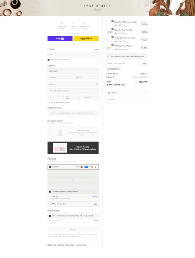 Dana Rebecca Designs checkout page showing Dana Rebecca Designs promo code box | Screenshot taken by SimplyCodes community member on Aug 26, 2025
