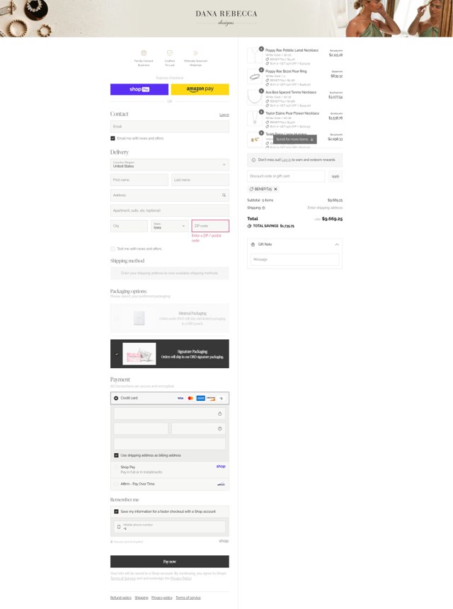 Dana Rebecca Designs checkout page showing Dana Rebecca Designs promo code box | Screenshot taken by SimplyCodes community member on Aug 22, 2025