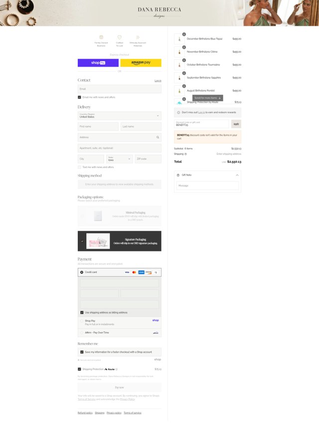 Dana Rebecca Designs checkout page showing Dana Rebecca Designs promo code box | Screenshot taken by SimplyCodes community member on Aug 16, 2025