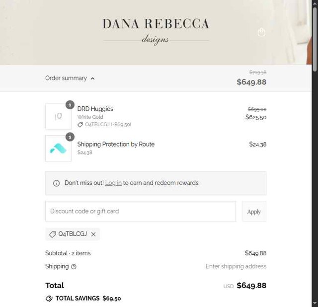 Dana Rebecca Designs checkout page showing Dana Rebecca Designs promo code box | Screenshot taken by SimplyCodes community member on Aug 17, 2025