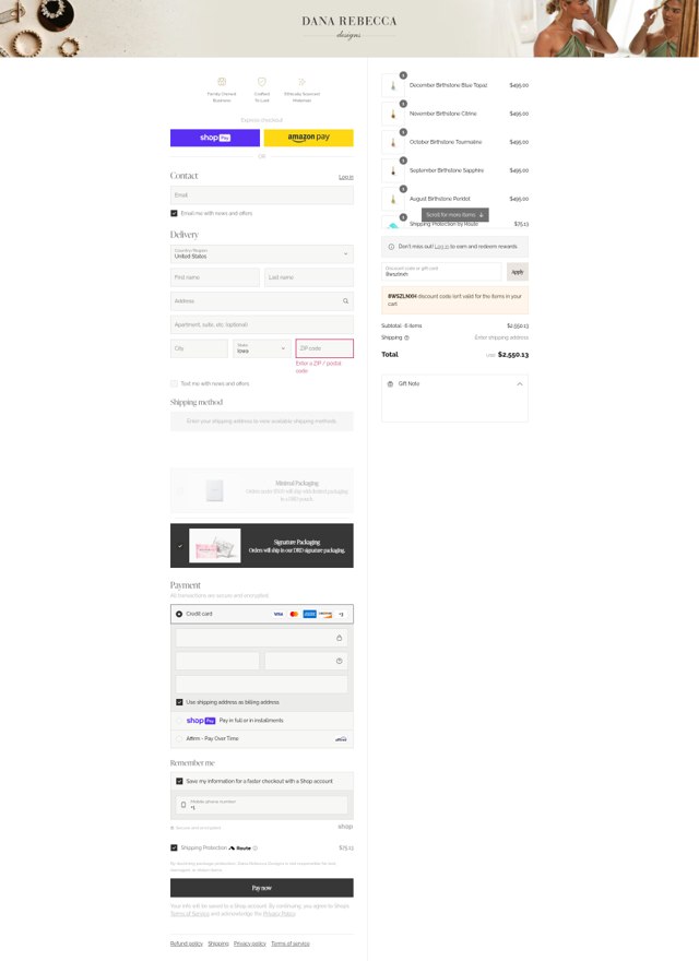 Dana Rebecca Designs checkout page showing Dana Rebecca Designs promo code box | Screenshot taken by SimplyCodes community member on Aug 12, 2025