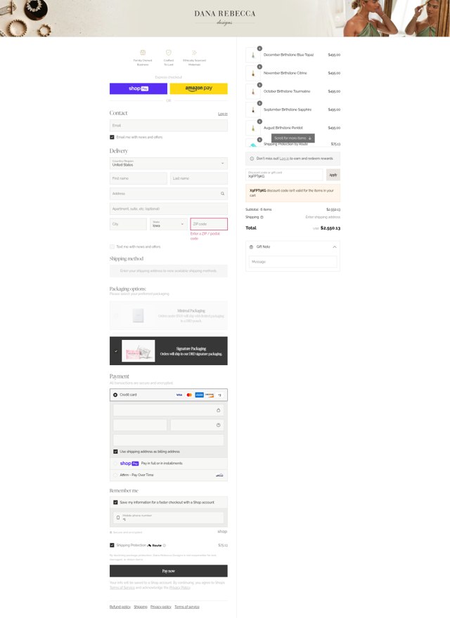 Dana Rebecca Designs checkout page showing Dana Rebecca Designs promo code box | Screenshot taken by SimplyCodes community member on Aug 12, 2025
