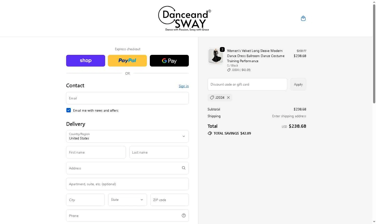 Danceandsway checkout page showing Danceandsway discount code box | Screenshot taken by SimplyCodes community member on Feb 16, 2026