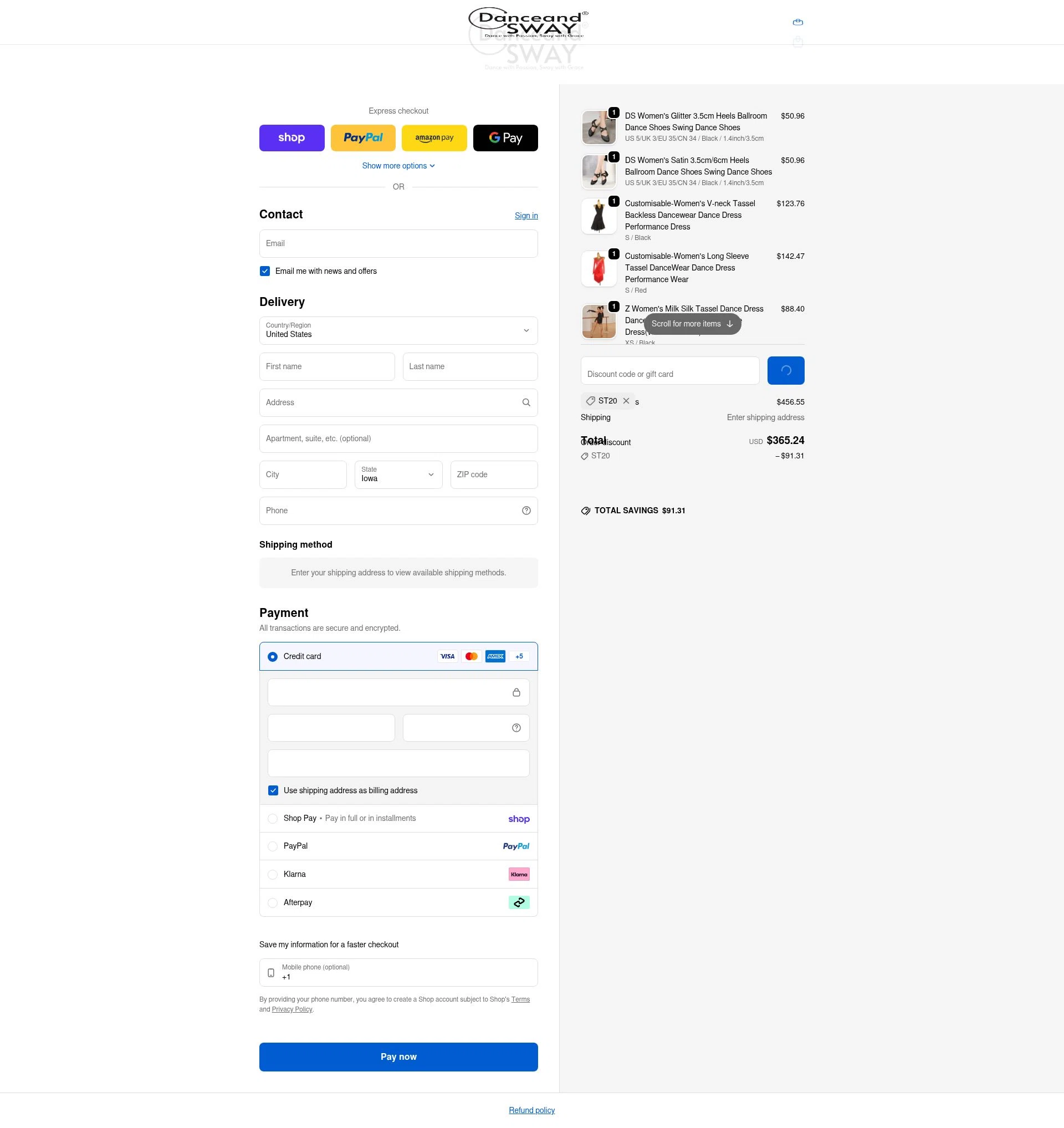 Danceandsway checkout page showing Danceandsway discount code box | Screenshot taken by SimplyCodes community member on Feb 20, 2026