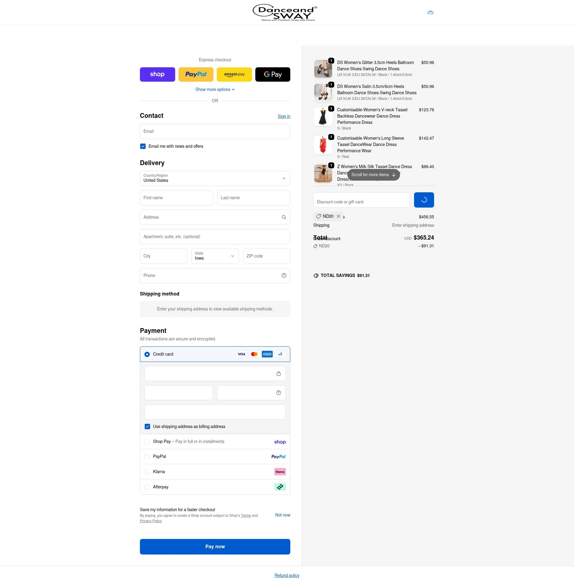 Danceandsway checkout page showing Danceandsway discount code box | Screenshot taken by SimplyCodes community member on Feb 16, 2026