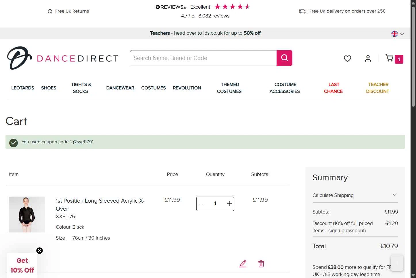 Dance Direct checkout page showing Dance Direct discount code box | Screenshot taken by SimplyCodes community member on Jan 27, 2026