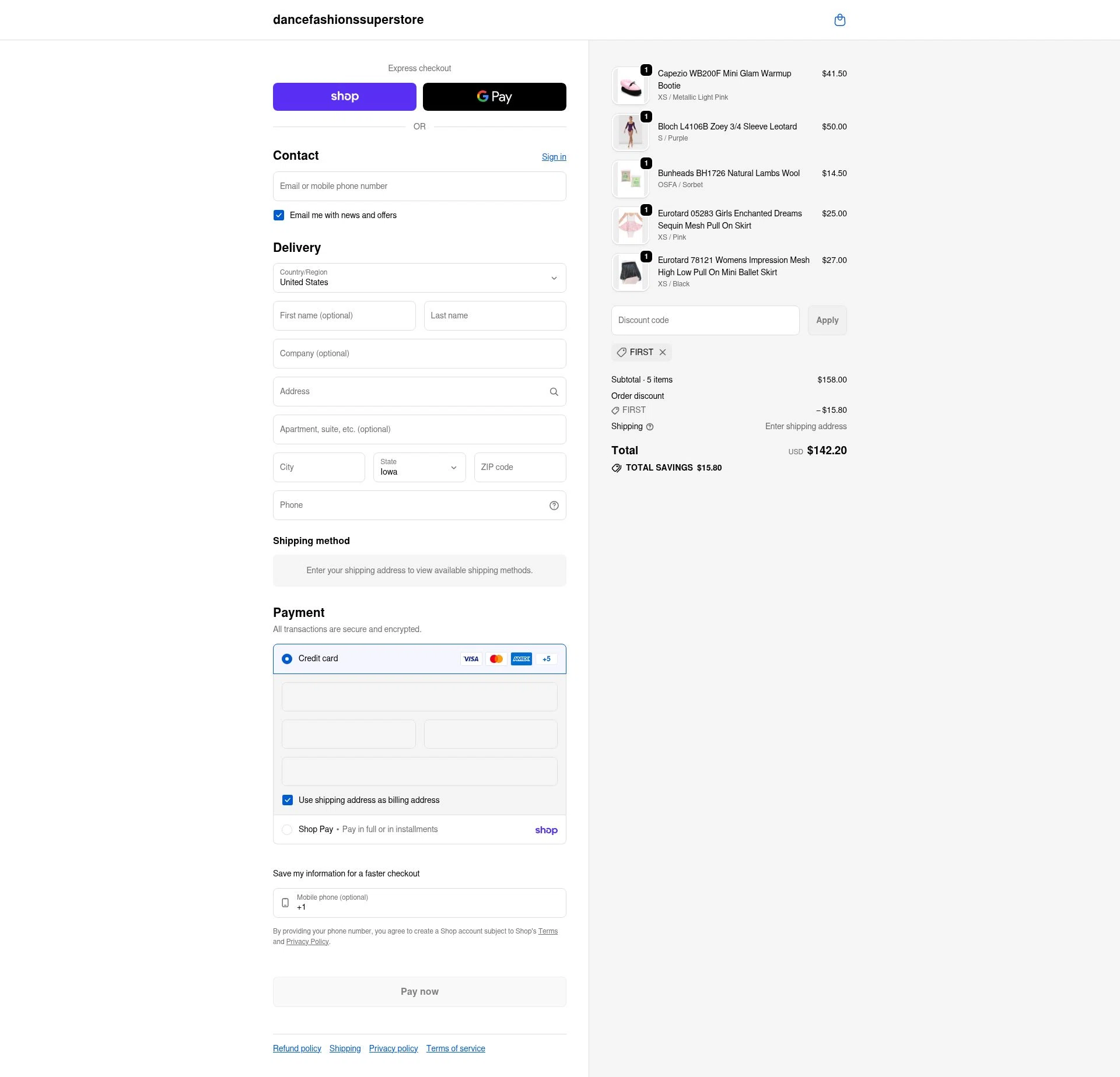 Dance Fashions Superstore checkout page showing Dance Fashions Superstore coupon code box | Screenshot taken by SimplyCodes community member on Feb 21, 2026
