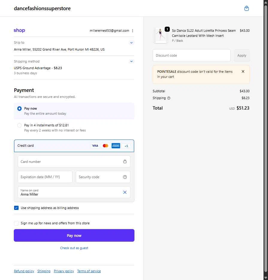 Dance Fashions Superstore checkout page showing Dance Fashions Superstore coupon code box | Screenshot taken by SimplyCodes community member on Jan 16, 2026