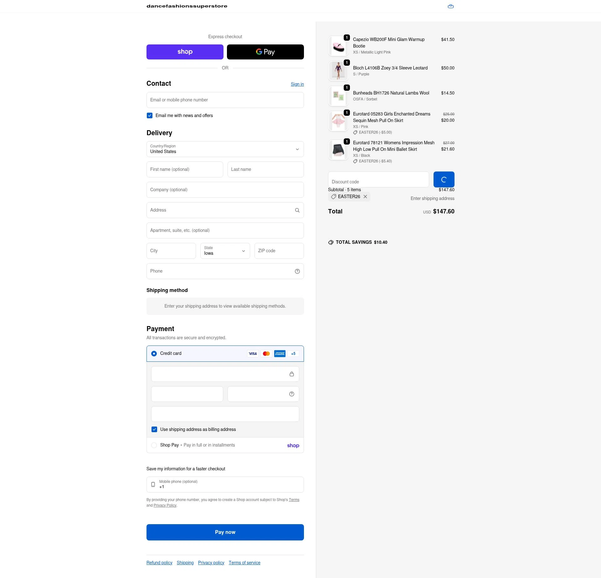 Dance Fashions Superstore checkout page showing Dance Fashions Superstore coupon code box | Screenshot taken by SimplyCodes community member on Feb 21, 2026