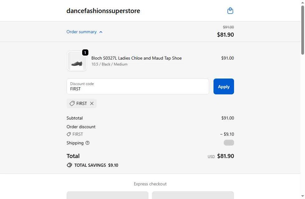 Dance Fashions Superstore checkout page showing Dance Fashions Superstore coupon code box | Screenshot taken by SimplyCodes community member on Feb 19, 2026