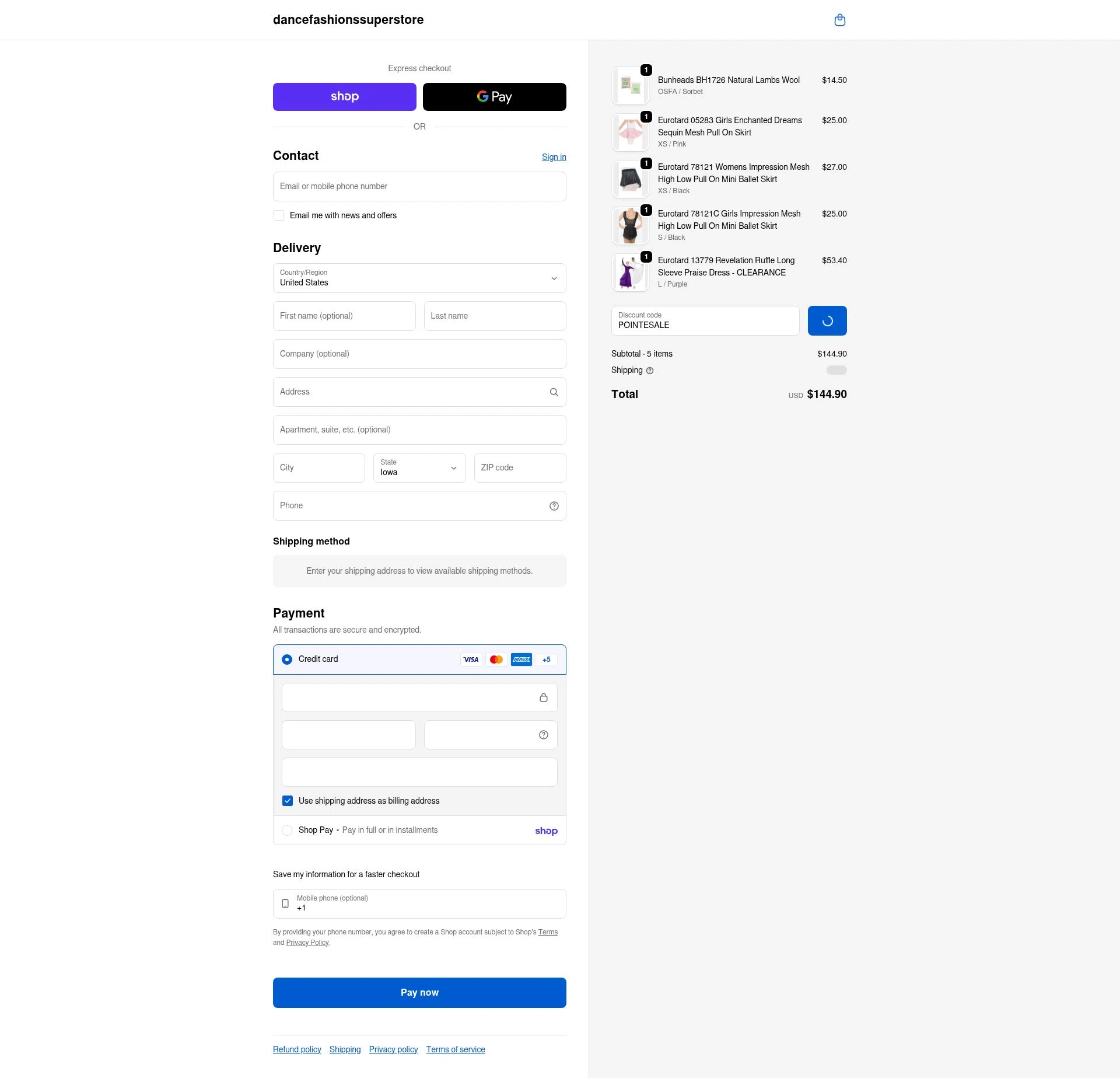Dance Fashions Superstore checkout page showing Dance Fashions Superstore coupon code box | Screenshot taken by SimplyCodes community member on Jan 30, 2026