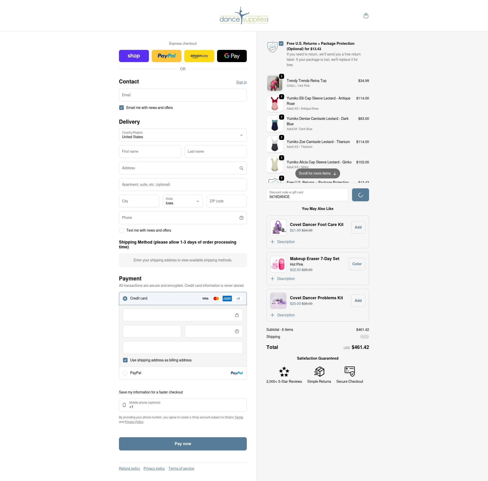 DanceSupplies checkout page showing DanceSupplies promo code box | Screenshot taken by SimplyCodes community member on Feb 8, 2026
